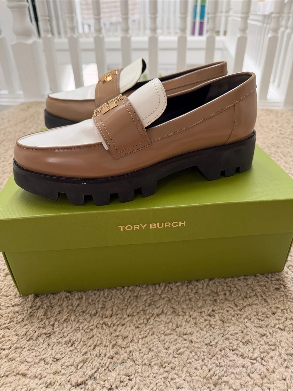 Tory Burch White and Brown Leather Lug Sole Loafers with Gold Logo
